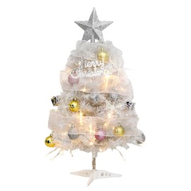 Mini Tabletop Silver Christmas Tree with Lights, 45cm/60cm DIY Artificial Small Christmas Pine Tree with PVC Branch, Star Topper, Warm LED Light & Plastic Stand for Indoor Outdoor (60cm+Light)
