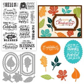 INFUNLY Words Clear Stamps and Dies for Card Making Blessing Words Stamp and Die Sets Thank You Rubber Stamps Tag Cutting Dies Leaves Die Cuts Christmas Silicone Stamps for DIY Scrapbooking Embossing
