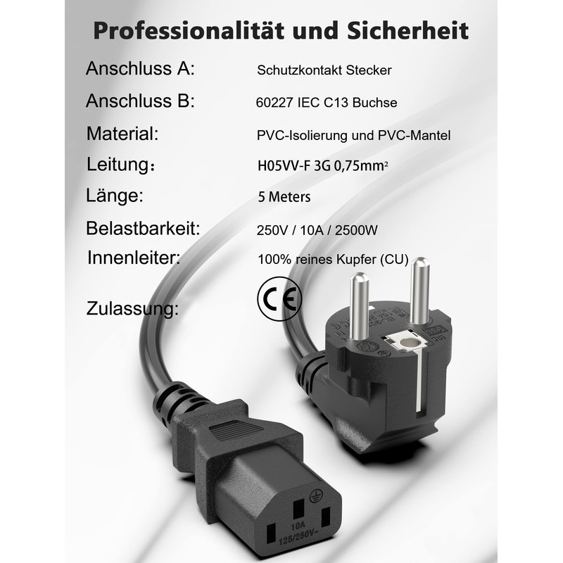 BICMIC 5 m IEC Power Cable CEE 7/7 Earthing Contact