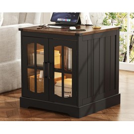 ChooChoo Rustic End Table, 24" Large Sofa Side Table with Charging Station & LED Light, Black Nightstand with Adjustable Storage Shelf, Square Bedside Table for Living Room, Bedroom, Office