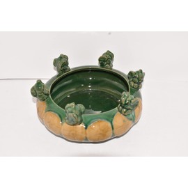 New 7.5" Oriental Chubby Elephants Sitting on top of a Green Reactive Glaze Bamboo Planter Bowl Plant Pot