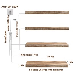 CUBITOR 4 Pack Wooden Floating Shelves, Invisible Wall Mounted Display Shelves with 3000K Dimmable Wired LED Strip Light Bar,for Living Room Bedroom Kitchen Bathroom Office, Rustic Brown