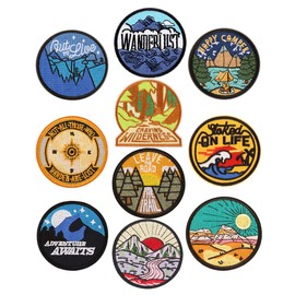 Pack of 10 outdoor travel patches for iron-on, patches, iron-on patches, embroidered patches for sewing or iron-on clothing, dress, hat, jeans, backpacks, jackets, T-shirt (round)