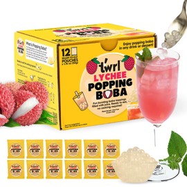 Twrl Lychee Popping Boba for Bubble Tea - Cafe Style Bursting Juice-Filled Pearl Toppings at Home, Instant, Plant-Based, Gluten-Free, Dye-Free, No High Fructose Corn Syrup - 12 Single Servings
