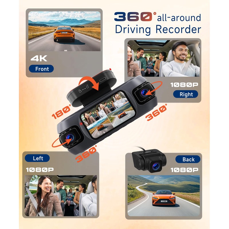 4K 360° Dash Cam 4-Channel Front/Rear/Inside/Side Car Dash Camera with