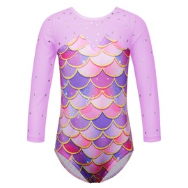XFGIRLS Gymnastics Leotards for Little Girls 3D Print Fishscales Sequins Ballet Dance Activewear with Shorts Bottoms, KHB341_PurpleFishscales_12A