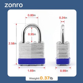 ZonRo Locks Laminated Steel Keyed Padlocks,Keyed Alike Locks, 1-9/16 inch Wide,Normal Shackle Padlocks, Pack of 6，Blue Hoop, for Hasp Latch, Sheds, Fences, Storage Locker, School, Gym…