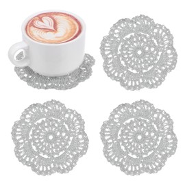 M METERXITY 4-Pack Handmade Crochet Coasters, 4Inch/10cm Round Cotton Placemats for Table/Cup/Bowl/Vase/Tea Trays/Home Decoration, Lace Doilies Place Mats [Light Gray]