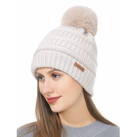 Belle Dame Winter Pom Pom Beanie Hat for Women Knit Hat Faux Fur Hat Fleece Lined Toque (HT506-BGE)