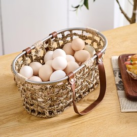 Farmhouse Seagrass Egg Baskets for Collecting Fresh Eggs Handmade Egg Collecting Basket Wicker Oval Storage Basket for Picnic, Harvest, Vegetable