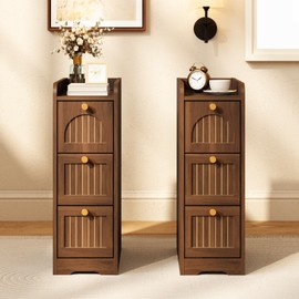 WINWY 7.87" Narrow Nightstand Set of 2, Fluted Slim Bedside Table with 2 Drawers, Mid Century Modern Small End Table with Gold Metal Handles, for Bedroom, Living Room & Small Spaces - Walnut