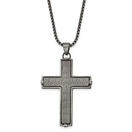 The Black Bow Men's Stainless Steel Antiqued Textured Large Cross Necklace, 24 Inch