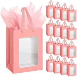 Zhanmai 36 Pcs Gift Bags with Clear Window, Transparent Paper Bags with Tissue 10 x 7 x 5 Inch Kraft Bags with Handles for Christmas Birthdays Festivals Party Weddings Present Wrapping (Pink)