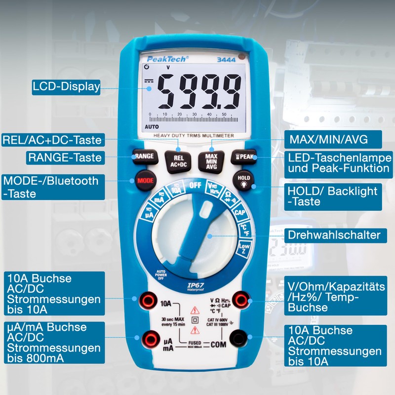 PeakTech 3443 Digital Multimeter with LED Lamp, Waterproof (IP67), 6000
