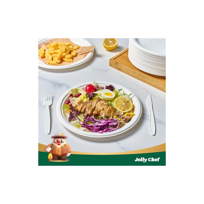 JOLLY CHEF 100% Compostable Paper Plates, 150 Pack 10 Inch