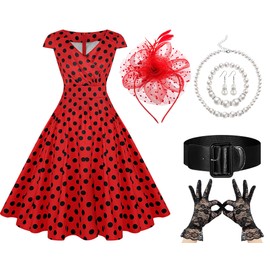 Yearntown 6 Pcs Retro Dresses for Women Vintage 1950, Polka Dot Dress Swing Costume for Tea Party Prom Cocktail(L)