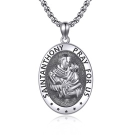 URONE ST Anthony Medal Necklace 925 Sterling Silver Saint Anthony Catholic Pendant Necklace Religious Jewellery Gifts for Women Men
