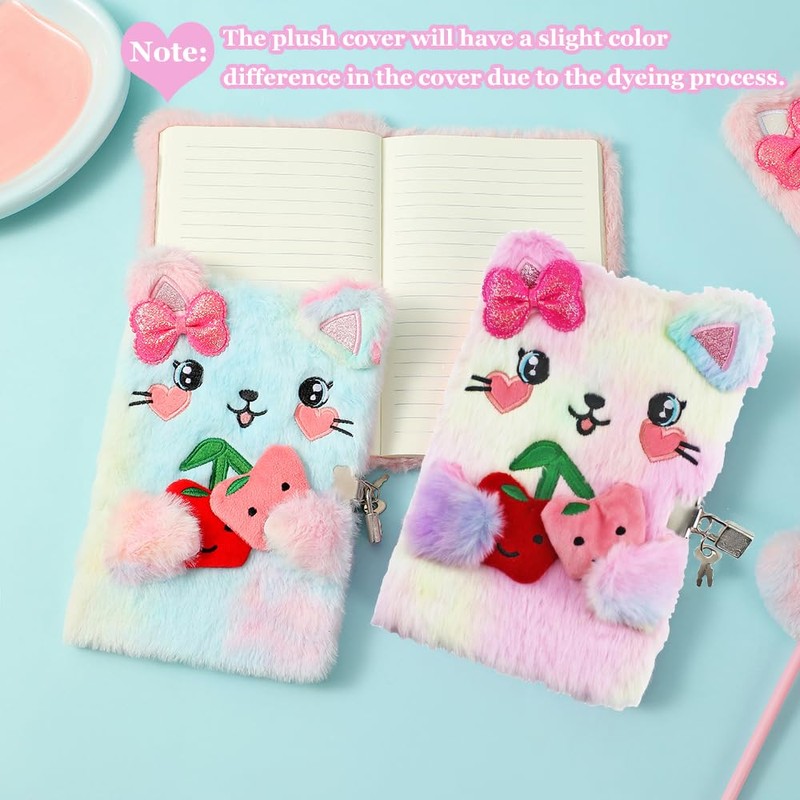 Amonk Secret Diary with Lock for Girls, Fuzzy Cat Kids
