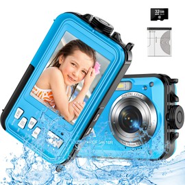 Underwater Camera with 32GB Card Waterproof Camera 10FT 30MP FHD 1080P Compact 16X Digital Zoom Underwater Kids Digital Camera for Snorkeling, Blue