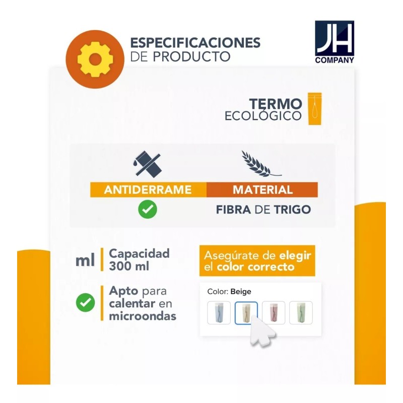 J.H. Company Termo Doble Pared Fibra De Trigo Ecologico 300