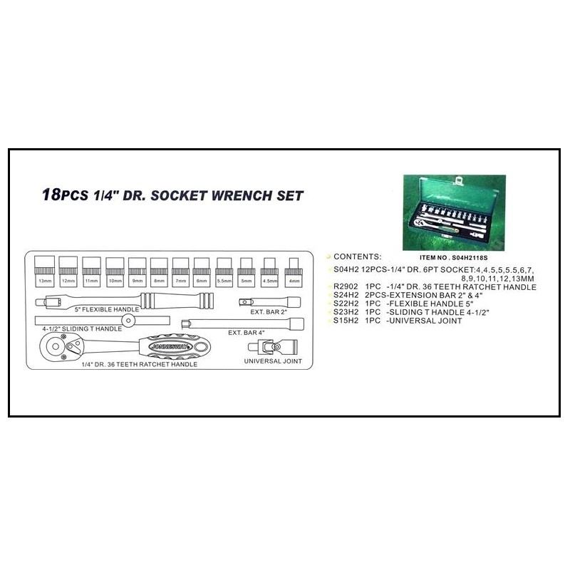 Jonnesway S04H2118S 18 Pcs Professional Hand Socket Set 1/4" Drive