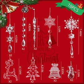 18Pcs Christmas Ornaments Set - Christmas Tree Decoration Crystal Ornaments 9 Designs Hanging Acrylic Christmas Icicle Snowflake with Strings for Christmas New Year Party Supplies