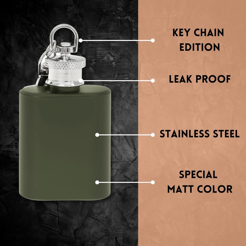 Mini Hip Flask Keyring • Black Silver Green • Stainless