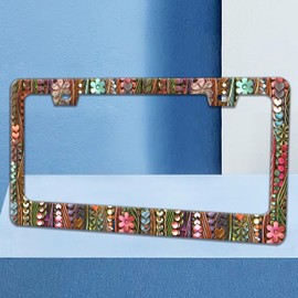 Shell Flower Print License Plate Frame Funny Floral License Plate Holders Stainless Steel Auto Accessory Bracket 2 Hole with Screws for US Vehicles 6x12 Inch for Women Men