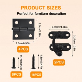 MARRTEUM Antique Vintage Black Left Latch Hook and Hinge with Matching Screws Kit for Decorative Jewelry Box Cabinet Suitcase and DIY Handicrafts (2X Hasp Catch + 4X Hinges)