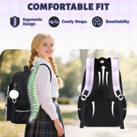 Tanou School Backpack Girls Children's Backpack Waterproof Backpack Teenager Daypack Kawaii Checked School Bag for Girls 9-16 Years with Trolley Strap, black