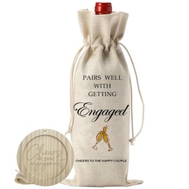 Burlap Wine Bags With Drawstrings & Wood Coaster-Pairs Well With Getting Engaged-Cheers To The Happy Couple Bottle Bags-Reusable Wine Gift Bags For Getting Married Engagement Party Favors-A07