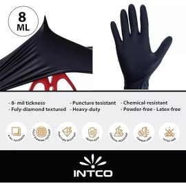 Intco 8mil Black Heavy Duty Industrial Nitrile Gloves Raised Diamond Texture 200pcs