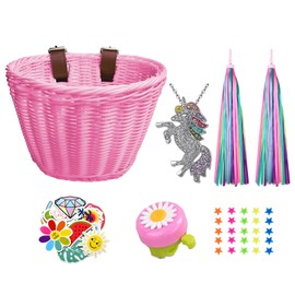 Kids Bike Basket, Wicker Handlebar Bicycle Basket for Girls With Unicorn Necklace, Bell, Streamers, Stickers Decoration Accessories Set