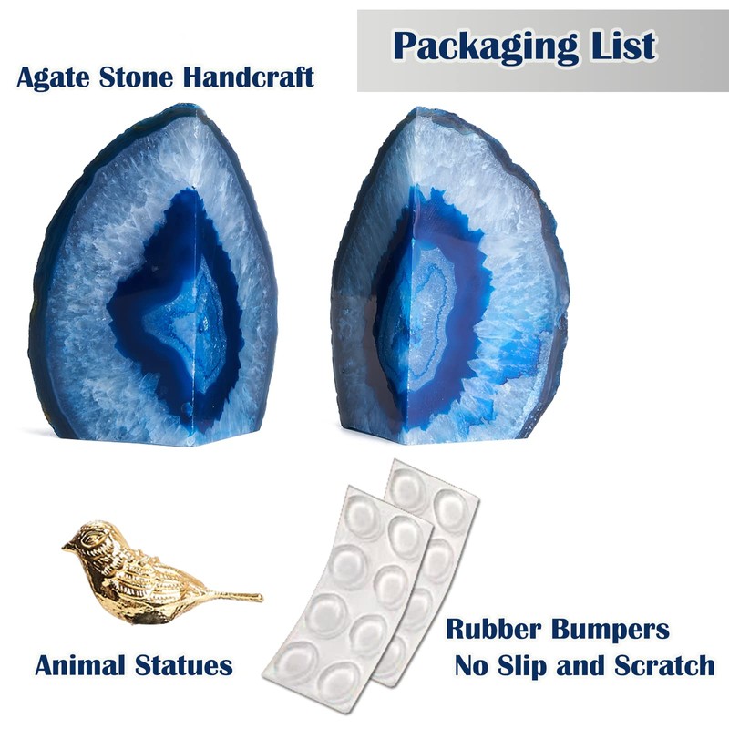 Yougoals Blue Agate Bookends for Shelves, Geode Crystal Book Ends