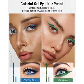 2 x Glitter Gel Eyeliner, Blue Green Metallic Shimmer Eyeliner with Sharpener, Waterproof, Durable, Smudge-Proof, Easy to Use, Highly Pigmented Eyeliner Eyeshadow Pencil for Cosplay Party 07+08
