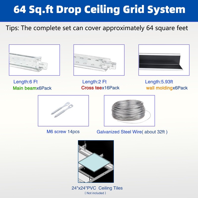 EMAYUU 64 SQ FT White Galvanized drop ceiling grid kit
