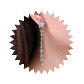 Aneneiceera Vintage Crystal Tassel Chain Earrings Silver CZ Tennis Earrings CZ Fringe Dangle Earrings Rhinestone Star Stud Earrings Crystal Boho Tassel Earrings Jewellery for Women and Girls, Metal