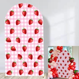 Arch Cover Strawberry Theme Backdrop Pink Grid Girls Bagy Shower Bride Wedding Sweet Strawberry Birthday Party Decor (6FT)