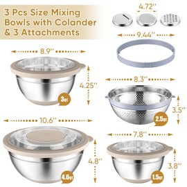 P&P CHEF Mixing Bowls with Lids Set of 3, 3 Pcs Stainless Steel Nesting Salad Bowls and Colander for Kitchen, 3 Grater Attachments & Non-Slip Bottoms, Visible & Airtight Lid, Khaki