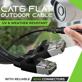 GearIT Cat 6 - Cable Ethernet plano para exteriores (35 pies, negro), con clasificación LLDPE para entierro directo - Red de computadora para juegos RJ45 sin enganches, cable de conexión a Internet