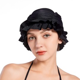 aoozleny Swimming Cap Quick Drying Ruffled Edge Black Swimming Cap for Long Hair Women