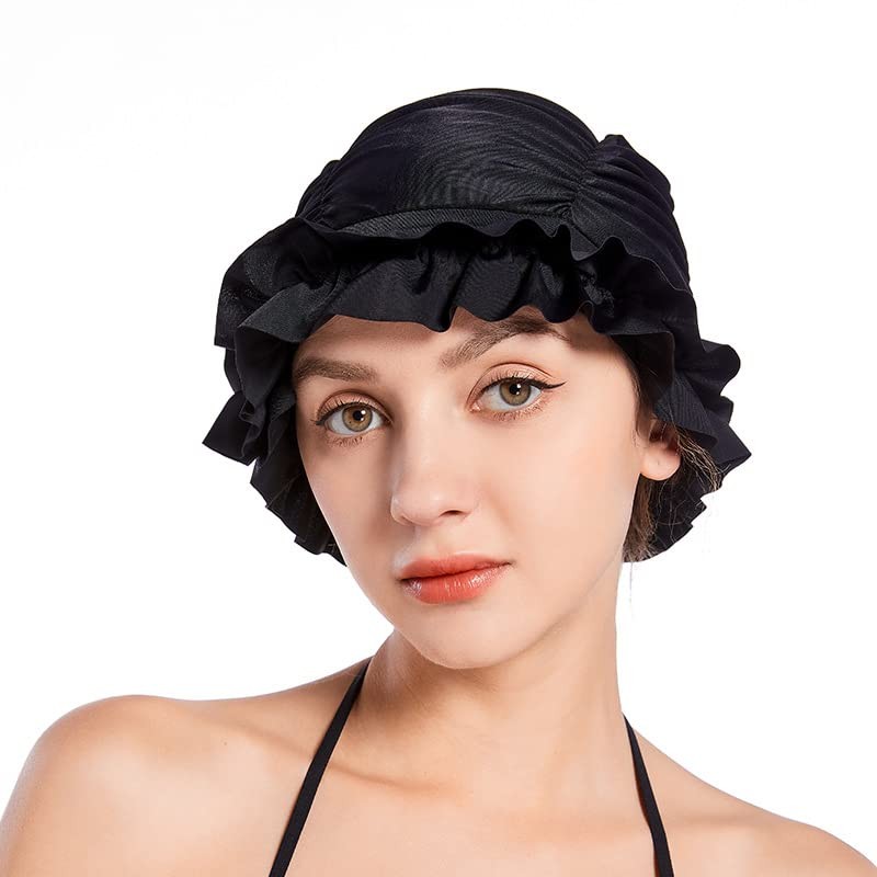 aoozleny Swimming Cap Quick Drying Ruffled Edge Black Swimming Cap