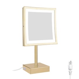 DOWRY Tabletop LED Lighted 5X Magnifying Makeup Mirror Square with Plug 8 Inch Polished Gold Finished