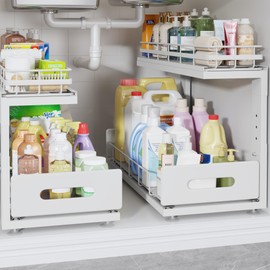 Biboraya 2 Pack 18 IN Depth Under Sink Organizer with Smooth Ball Bearing Slides,2-Tier Pull Out Cabinet Storage,Slide Out Drawers for Bathroom&Kitchen,Rust-resistant Coating,Height Adjustable-White