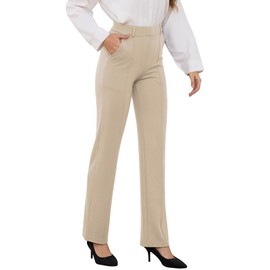 Yoga Dress Pants for Women Straight Leg Stretchy Pull On High Waisted Pants Woman Business Slacks Casual Work Office with Tuck Line Zipper Pockets 27" Beige XL