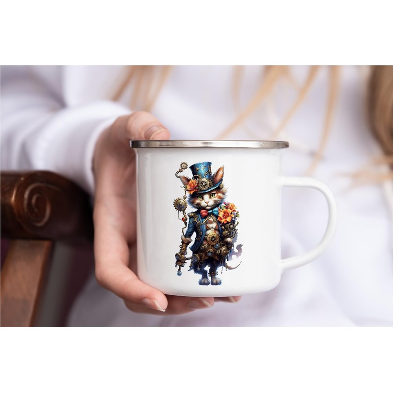 MAXIKIWI Langlebige Emaille-Kaffee- oder Tee-Camping-Tasse für drinnen und draußen, Steampunk-Katzen-Motiv,