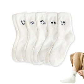 Canzoon Fluffy Cuddly Socks 5 Pairs Winter Socks Women's Plush Socks Soft Bed Socks Fluffy Cuddly Socks Christmas Interesting Cute Gift for Women, White