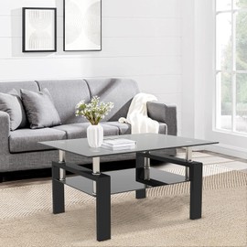 DKLGG Glass Coffee Table, Rectangle Center Table Living Room Tables with Lower Shelf, 2-Tier Modern Black Coffee Table w/Metal Tube Legs, Glass Tables for Living Room Waiting Area, All Black