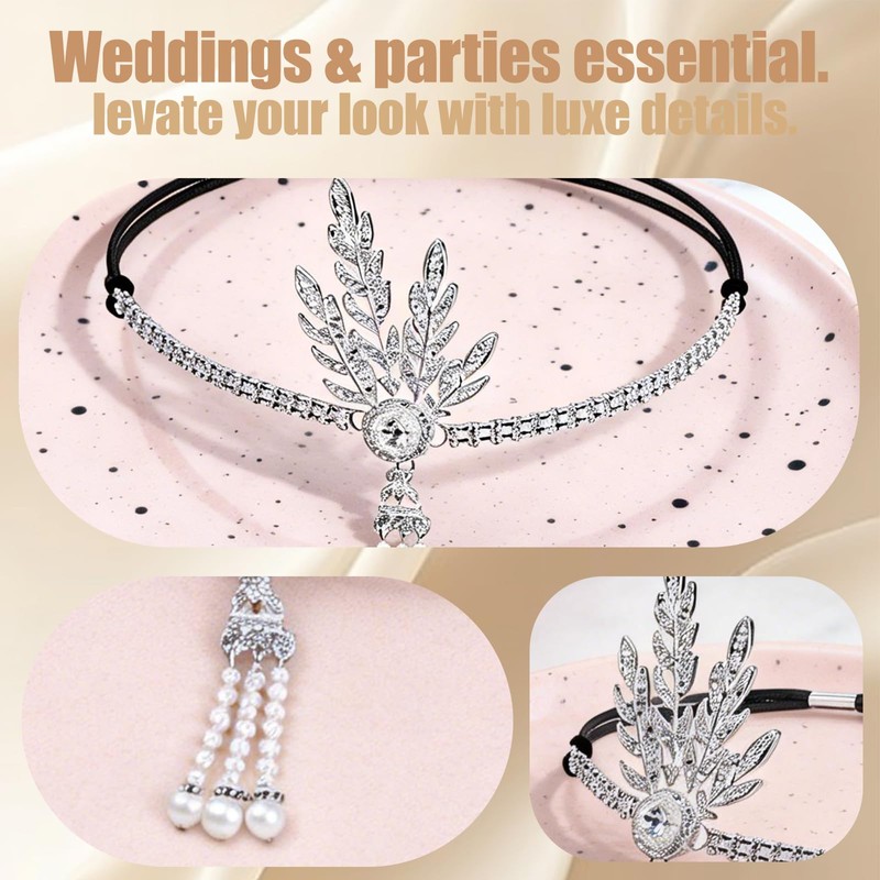 1920s Flapper Headband Silver Rhinestone Leaf Headpiece with Pearl Tassel