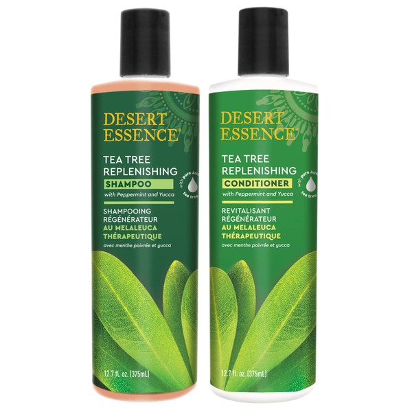 Desert Essence Tea Tree Replenishing Shampoo and Conditioner Bundle - 12.9 Fl Oz - Therapeutic - Peppermint & Yucca - All Skin Types - Tea Tree Oil - Antibacterial - Restore & Nurture Hair